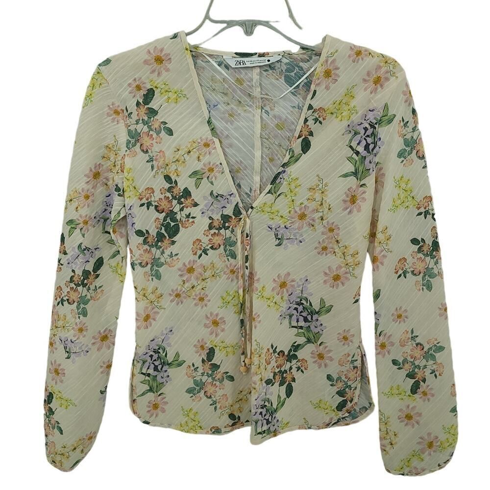 Zara XS Sheer Floral Print Long Sleeve Blouse